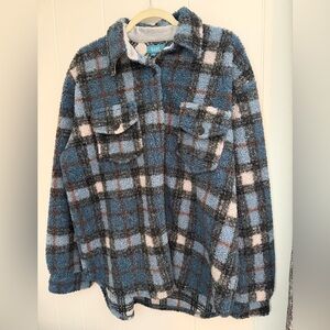 B.A.B.E Blue Plaid Sherpa Shacket Teddy Button Front - Large
